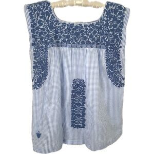 j. marie  Blue and White Gingham Embroidered Sleeveless Tunic, Size S